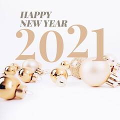 Minimal Happy new year 2021 artwork of typography and Christmas ball for card design in gold colour.