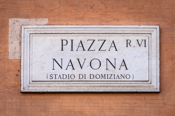 Piazza Navona (Navona's Square) in Rome, Italy, street name sign