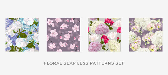 Floral design for paper, cover, fabric and other users. Realistic floral seamless patterns set.