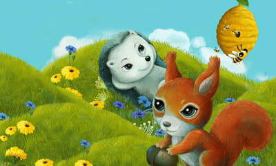 Obraz na płótnie Canvas cartoon scene with forest animal on the meadow having fun - illustration