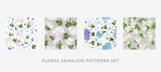 Floral design for paper, cover, fabric and other users. Realistic floral seamless patterns set.