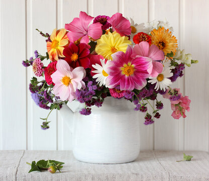 Garden Flowers In A Teapot, Bright Summer Bouquet.