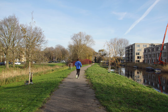 A jogger runs down a path in a suburb of the Dutch city of Alkmaar in autumn. Netherlands, November 