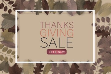 Thanksgiving flyer or poster. Fall traditional american holiday. Background with maple and oak brown leaves forming a border frame. Vector illustration.