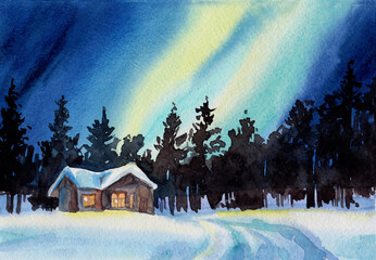 Small house picturesque northern lights and silhouettes of pine trees. Winter landscape hand-drawn watercolor