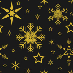 Golden snowflakes seamless pattern for Christmas, wrapping paper, textile, background
