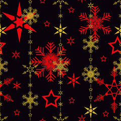 Seamless snowflake pattern for Christmas, New Year gift, wrapping paper, backgrounds. Snowflakes in gold and red color.