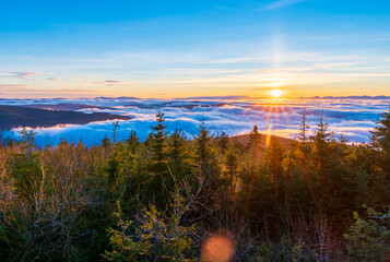 Inversion in the valley during sunrise with mountain ridge in the background, Beskydy , Czech...