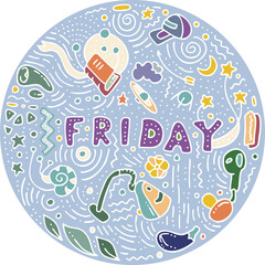Round colored sticker in doodle style with the names of the days of the week for notebooks, posters, notebooks and books. Friday