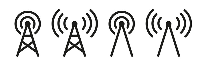 Radio tower icon set. Radio tower, mast with radio waves. Radio antenna vector.