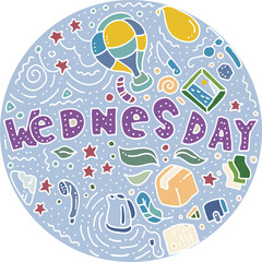 Round colored sticker in doodle style with the names of the days of the week for notebooks, posters, notebooks and books. Wednesday