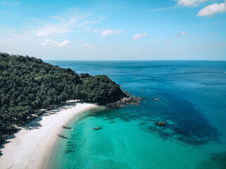 Group of speed boat on blue sea. Beautiful Seascape. Andaman sea. Phuket. Thailand. Aerial view.