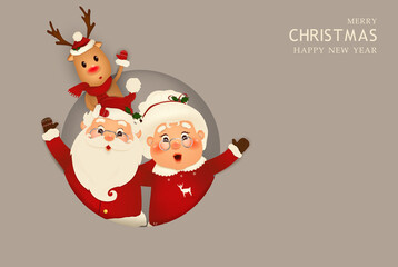 Merry Christmas. Happy new year. Funny Santa Claus with Mrs. Claus, red-nosed Reindeer. Mrs. Claus Together. Holiday cartoon character in winter season. Vector