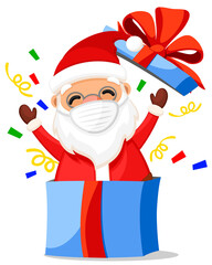 Santa claus in a medical mask peeps out of a gift box