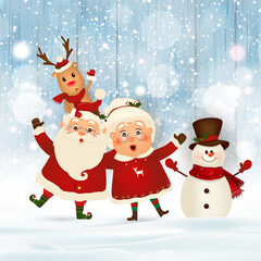 Merry Christmas. Happy new year. Santa Claus with Mrs. Claus, Reindeer, snowman in Christmas snow wooden background. Mrs. Claus Together. Vector cartoon character of Santa Claus. vector.