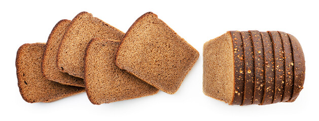 Rye bread sliced on white background, isolated. The view from top