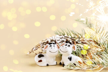 Bull symbol of the new year 2021. Ceramic figurines of small white bull and cow with branches christmas tree on pastel background. Copy space.