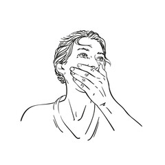 Young woman covered her mouth with her hand and looking up on side Vector sketch, Hand drawn line art female portrait with short hair, Black and white drawing graphics illustration