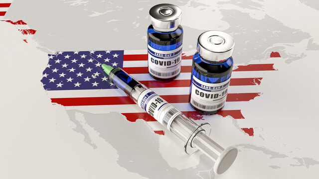 A Syringe And Two Bottles Of COVID-19 Vaccine On USA Map. Covid Vaccination In The United States. 3d Illustration