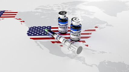 
A syringe and two bottles of COVID-19 vaccine on USA map. Covid vaccination in the United States. 3d illustration
