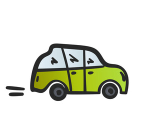 Cartoon green car Doodle style automobile, Hand drawn illustration isolated on white background, Vector clipart