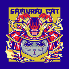 cute japan samurai cat illustration