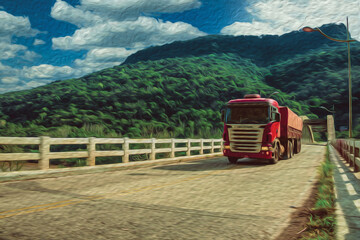 Bento Goncalves, Brazil - July 10, 2019. Truck passing by a concrete bridge near Bento Goncalves. A friendly country town in southern Brazil, famous for its wine production. Oil Paint filter.