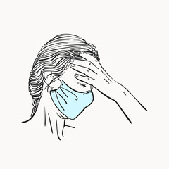 Sketch of young woman portrait in medical face mask has headache holding hand on her forehead, coronavirus pandemic depression problem suffering, Hand drawn vector linear illustration isolated