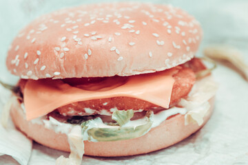Close up view of Fresh tasty beef burger on table