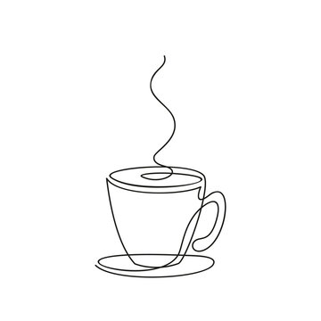 Cup of coffee Continuous one line drawing, Hot beverage with steam Vector minimalist linear illustration made of thin single line