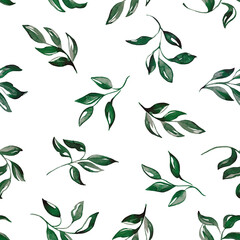 Seamless pattern with green branches. Watercolor handmade illustrations.
