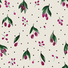 Seamless pattern with branches and berries. Watercolor handmade illustrations. 