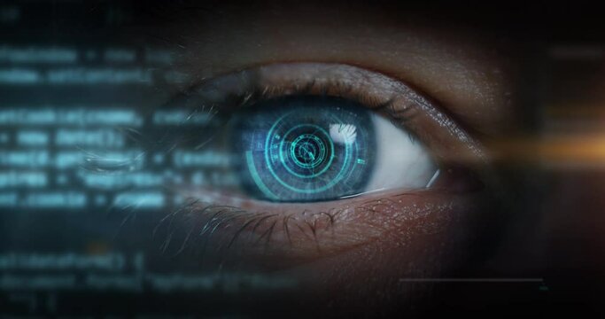 Cinematic macro of young male blu eye with latest innovative futuristic sophisticated high technology display application with augmented reality holograms for personal safety scanning.