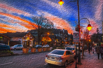 Parked cars and people on street with multicolored clouds and sky at sunset in Gramado. A cute european-influenced town in southern Brazil, highly sought after by tourists. Oil Paint filter.