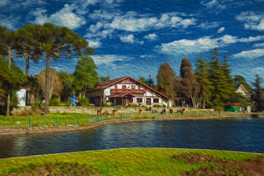 Wooded park with the Joaquina Rita Bier Lake and house in German-influence style at Gramado. A cute european-influenced town in southern Brazil highly sought after by tourists. Oil Paint filter.