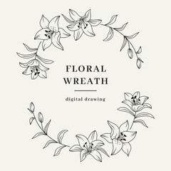 Oval floral wreath, Lily flower wreath. Elegant frame for invitation or wedding decor, lily flowers circle monogram. Vector isolated illustration