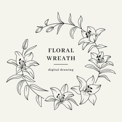 Lily flower wreath, floral wreath, lily flowers circle monogram, wedding frame. Vector isolated illustration