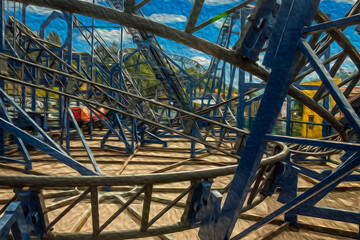 Several steel rails and beams from roller coaster in a sunny day at the Alpen amusement park near Canela. A charming small town very popular by its ecotourism in southern Brazil. Oil Paint filter.