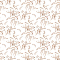 Lily pattern, Floral pattern modern, Elegant golden lilies drawn by a thin line. Vector seamless flowers pattern