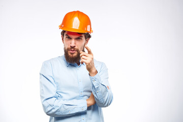 Cheerful man in working industry uniform Professional job manager