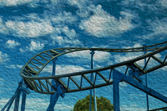 Steel rails and beams from a roller coaster in a sunny day at the Alpen amusement park near Canela. A charming small town very popular by its ecotourism in southern Brazil. Oil Paint filter. © Celli07