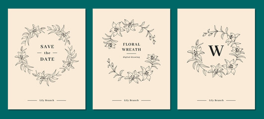 Invitation card designs, Lily flower wreath, floral wreath. Lily flowers circle monogram, wedding frame. Elegant minimalist templates for congratulations and wedding invitations. Vector illustration