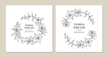 Floral wreath set, Lily flowers circle monogram, Wedding invitation templates, Lily flower wreath. Art for save the date cards, wedding invitation, anniversary, thank you card. Vector clipart