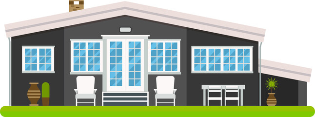 vector illustration of house with lawn, garden furniture, game house, flat building, city, village, cottage 