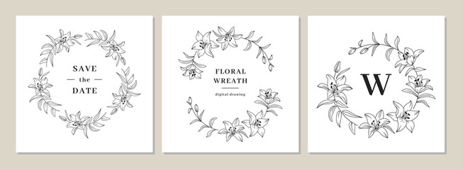Save the date cards, Invitation cards, Wedding invitation template. Lily flower wreath, floral wreath. Lily flowers circle monogram, wedding frame. Vector illustration
