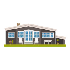 illustration of house with lawn, garden furniture, game house, flat building, city, village, cottage 
