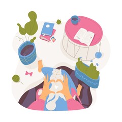 Woman loves her cat. Interior scene of slow life drawn in cartoon style. Vector indoors illustration about pet on owner knees