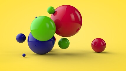 3D rendering of multi-colored balls, spheres of different sizes randomly located in space on a yellow background. Vitamins, an explosion of joy and mood. Geometric and color balance.