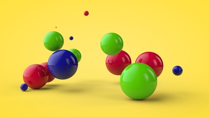 3D rendering of multi-colored balls, spheres of different sizes randomly located in space on a yellow background. Vitamins, an explosion of joy and mood. Geometric and color balance.
