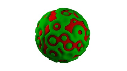 3D rendering of a beautiful sphere consisting of two abstract shapes of green and red color. The shapes have smooth curves, abstract fantastic shapes, and a balance of geometry.
